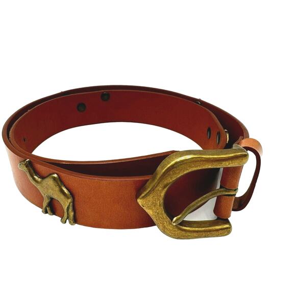 Women's Large Brown Leather Belt Gold Buckle Embellished Metal Camels Vintage - Picture 1 of 7